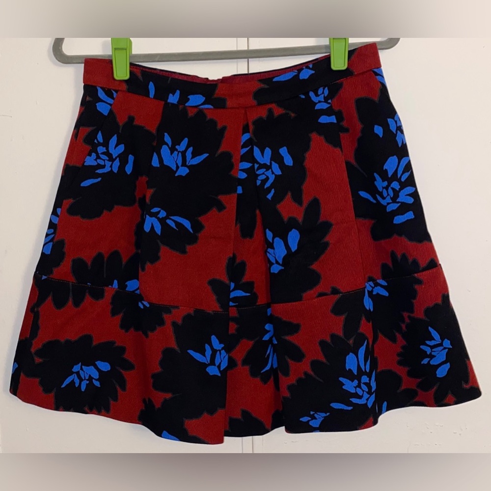 J.CREW Blue Red Floral A-Line Back Zip Pleated Skirt Pockets Womens Size 6
